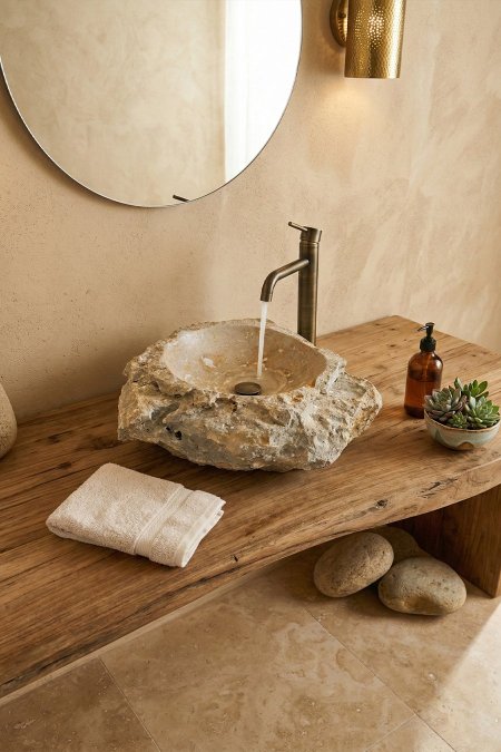 حوض مغسلة صخرة حجر طبيعي (Rock Sink) – 63×65 سم